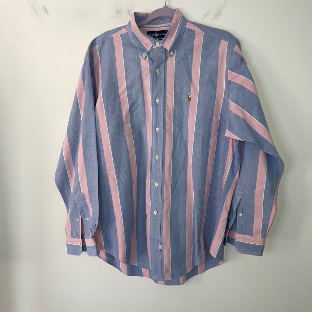 Ralph Lauren Vintage Mens Shirt Size 34 Blue Striped Button Down Pure Cotton - Picture 9 of 9